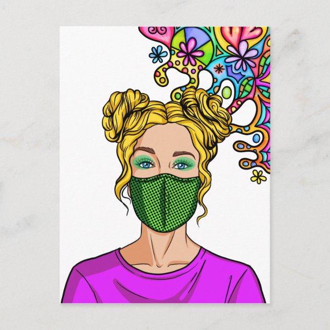 Pop Art 2021 Face Mask Lady Girl Postkarte (Vorderseite)