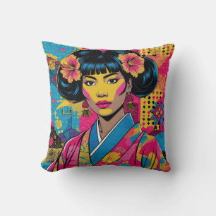Pop-Art Asiatin in floralem Kimono Kissen