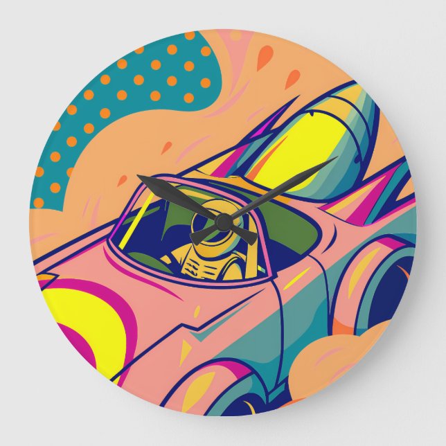 Pop Art Astronaut Driving Rocket Car Große Wanduhr (Vorderseite)