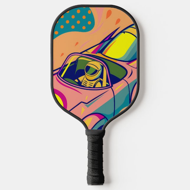 Pop Art Astronaut Driving Rocket Car Pickleball Schläger (Vorderseite)