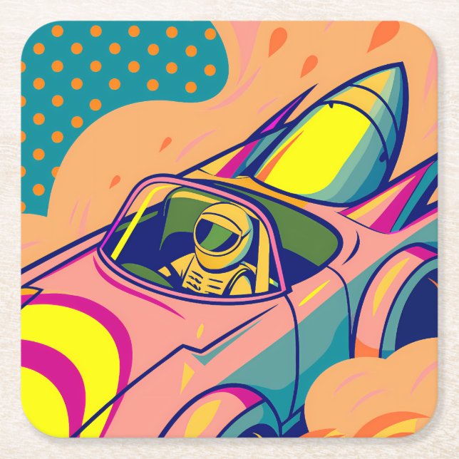 Pop Art Astronaut Driving Rocket Car Rechteckiger Pappuntersetzer (Vorderseite)
