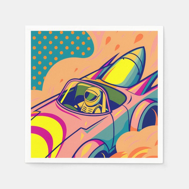Pop Art Astronaut Driving Rocket Car Serviette (Vorderseite)