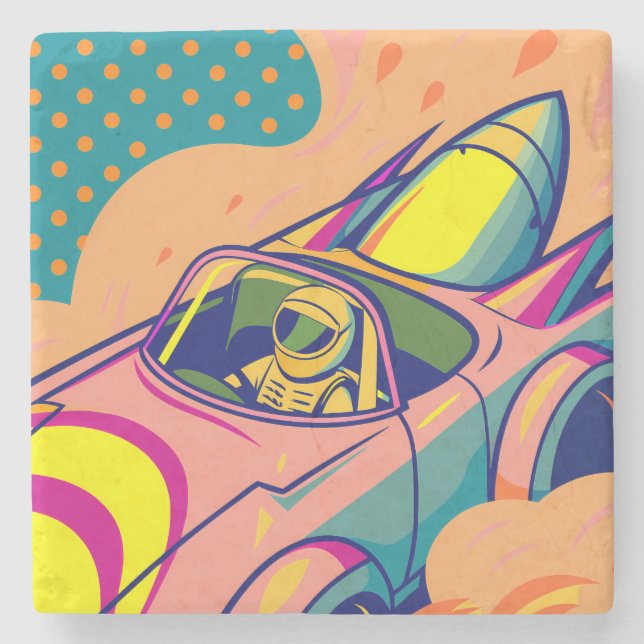Pop Art Astronaut Driving Rocket Car Steinuntersetzer (Vorderseite)