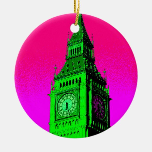 Pop Art Big Ben London Travel Pink Green Keramik Ornament (Vorne)
