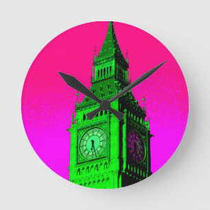 Pop Art Big Ben London Travel Pink Green Runde Wanduhr