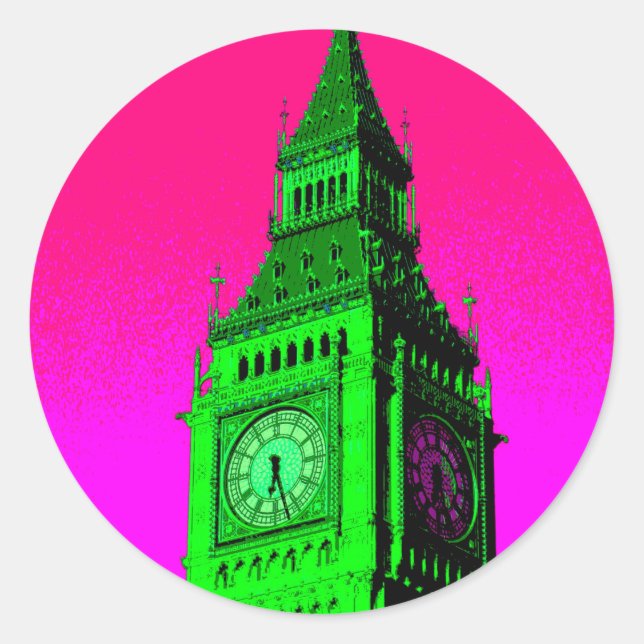 Pop Art Big Ben London Travel Pink Green Runder Aufkleber (Vorderseite)
