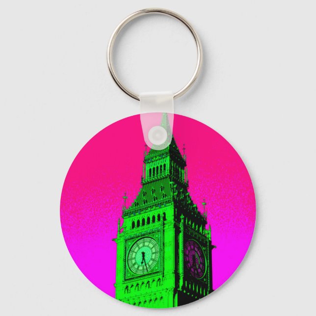 Pop Art Big Ben London Travel Pink Green Schlüsselanhänger (Vorderseite)
