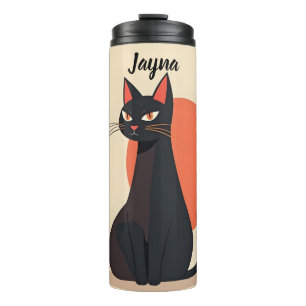 Pop Art Black Cat mit Orange Sun Thermosbecher