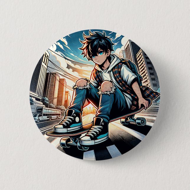 Pop Art Boy auf Skateboard in City Button (Vorderseite)