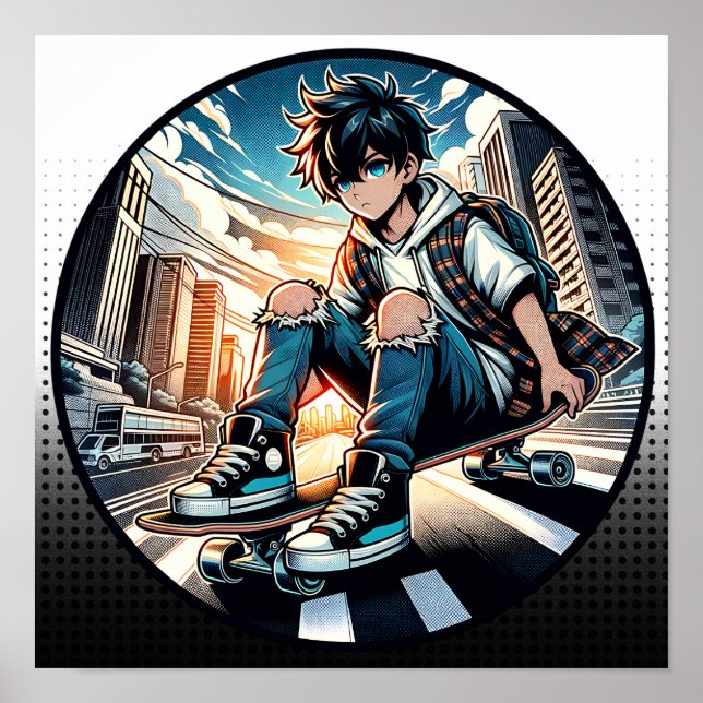 Pop Art Boy auf Skateboard in City Poster (Vorne)