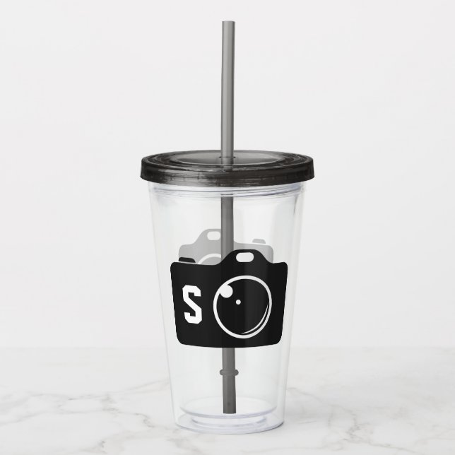Pop Art Camera Black/White Monogram Acryltrinkbecher (Vorderseite)