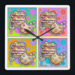 Pop Art Chocolate Chip COOKIES WALL CLOCK Quadratische Wanduhr<br><div class="desc">Eine zeitgenössische, inspirierte Pop-Grafik mit einem Stapel Chocolate Chip COOKIES mit regenbogenfarbenen Chips vor einem Hintergrund farbenfroher Polka Punkte auf einem lustigen WALL CLOCK.</div>