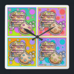 Pop Art Chocolate Chip COOKIES WALL CLOCK Quadratische Wanduhr<br><div class="desc">Eine zeitgenössische, inspirierte Pop-Grafik mit einem Stapel Chocolate Chip COOKIES mit regenbogenfarbenen Chips vor einem Hintergrund farbenfroher Polka Punkte auf einem lustigen WALL CLOCK.</div>