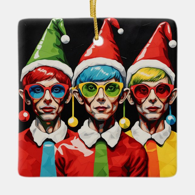 Pop Art Christmas Elves Keramikornament (Vorderseite)