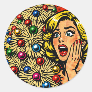 Pop Art Christmas, shocked expression, funky tree Runder Aufkleber