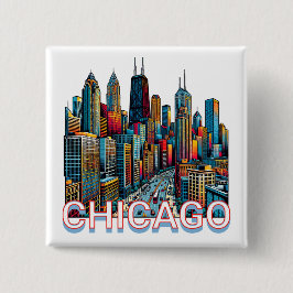 Pop Art Comic Book Chicago, Illinois Skyline Button