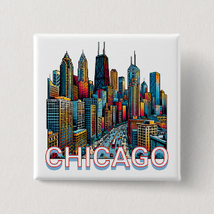 Pop Art Comic Book Chicago, Illinois Skyline Button