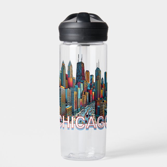 Pop Art Comic Book Chicago Skyline Personalisiert Trinkflasche (Vorderseite)