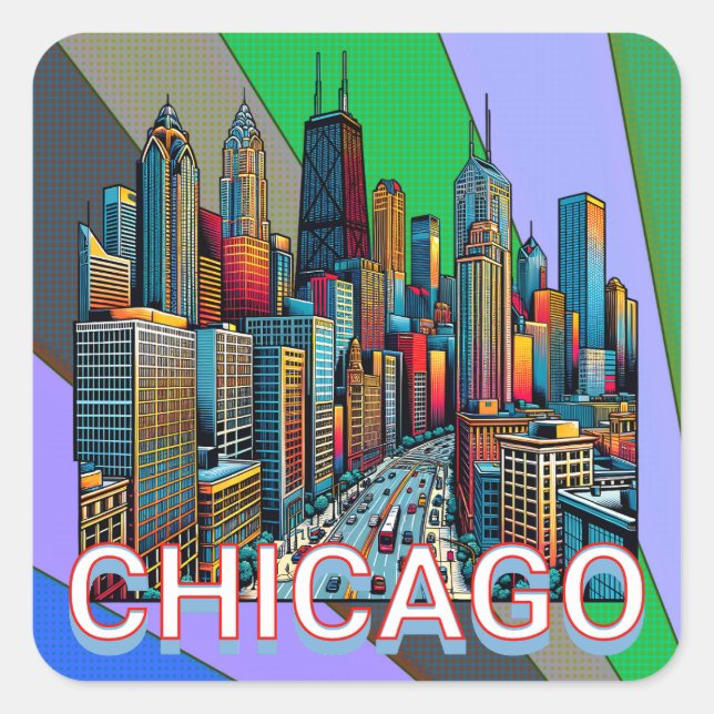 Pop Art Comic Book Style Chicago Illinois Quadratischer Aufkleber (Vorderseite)