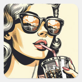 Pop Art Comic Buch Hübsche Frau Drink Soda Quadratischer Aufkleber