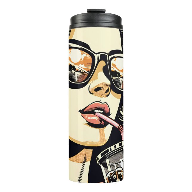 Pop Art Comic Buch Hübsche Frau Drink Soda Thermosbecher (Vorderseite)