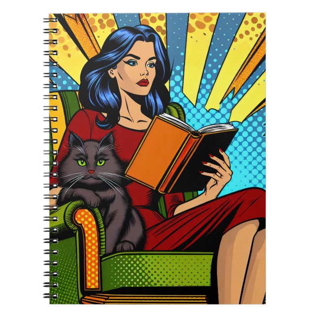 Pop Art Comic Frauen lesen mit Katze Notizblock (Vorderseite)