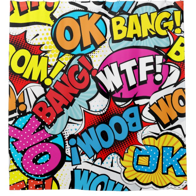 Pop Art Comic: Retro Nahtloses Muster Duschvorhang (Vorderseite)