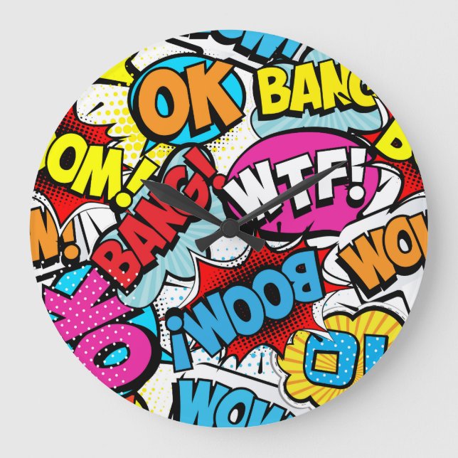 Pop Art Comic: Retro Nahtloses Muster Große Wanduhr (Vorderseite)