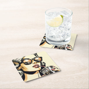 Pop-Art-Comic schicke Frau trinkt Limonade Rechteckiger Pappuntersetzer