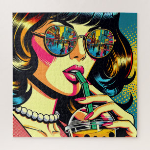 Pop-Art-Comic-Schöne-Frau-die-Boba-trinkt Puzzle