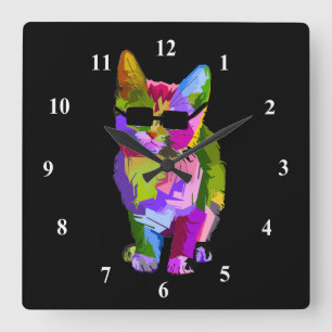 Pop Art cool cat with sunglasses Quadratische Wanduhr