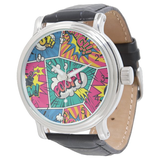 Pop Art Design - Whimsical Retro Comic Armbanduhr (Schrägansicht)