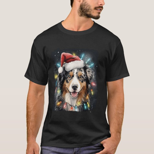 Pop Art Dog Christmas Australian Shepherd  T-Shirt (Vorderseite)