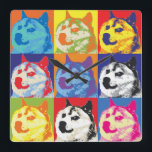 Pop Art Dogecoin Quadratische Wanduhr<br><div class="desc">Dogecoin Shiba Inu in retro 1970's Pop Art</div>