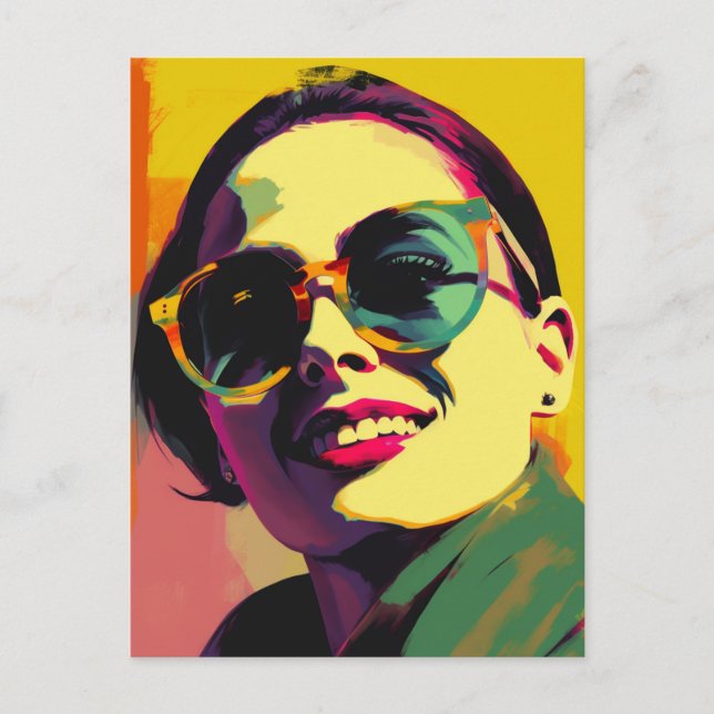 Pop Art: Eine Frau in Sonnenbrille Postkarte (Vorderseite)