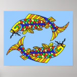 Pop Art Extravagant Fische Fischen Poster<br><div class="desc">Dieses Kunstdruckposter für Ihre Wohngestaltung ist eine hellblaue Farbe mit zwei leuchtend bunten extravaganten Fischen.</div>