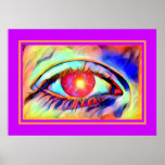 Pop Art Eyes wie ein flame Bold Psychedelic Poster<br><div class="desc">Dies ist ein cooles Pop-Kunstdesign mit einem psychedelischen Auge,  das mit lebhaften Farben brennt und scheint,  als gäbe es eine Flamme im Schüler mit einem orangefarbenen Rahmen und einem lila Hintergrund.</div>