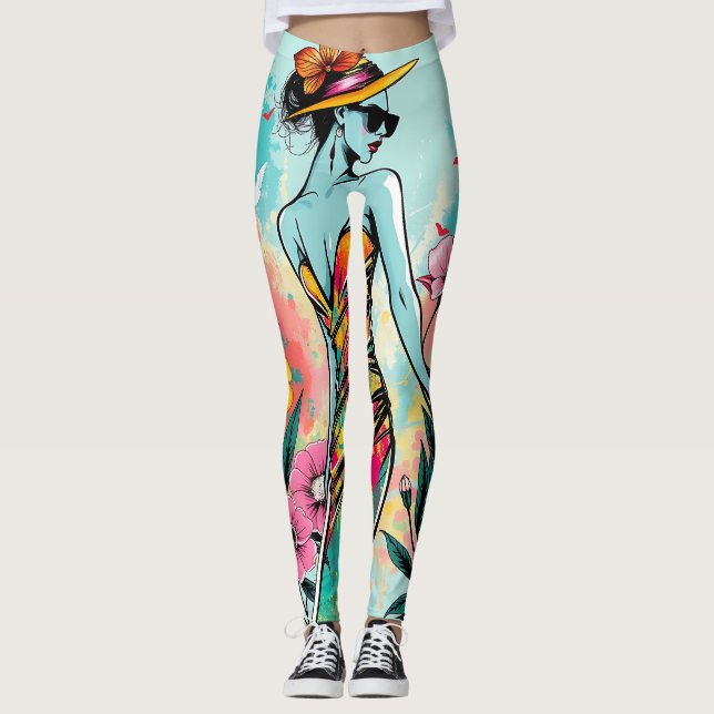 Pop Art Fashion Girl | Edgy Summer Floral Yoga Leggings (Vorderseite)