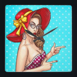 Pop Art Female Quadratische Wanduhr<br><div class="desc">Pinup Girl with Big Hat</div>
