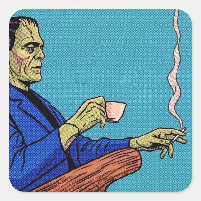Pop Art Frankenstein Monster Drinking Tea Halftone Quadratischer Aufkleber (Vorderseite)
