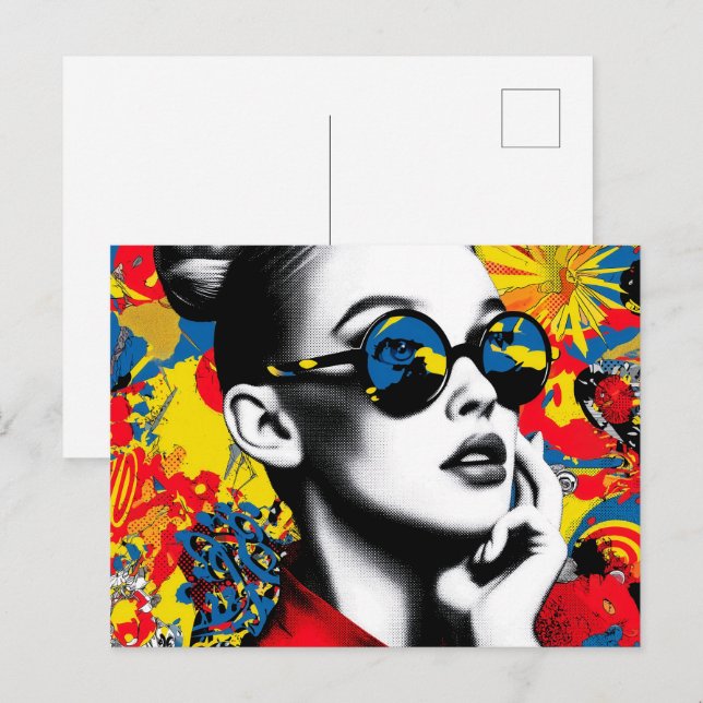 Pop-Art-Frau mit Sonnenbrille Postkarte (Vorne/Hinten)
