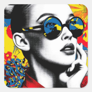 Pop-Art-Frau mit Sonnenbrille Quadratischer Aufkleber