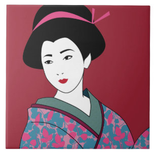 Pop Art Geisha im floralen Kimono Custom Fliese