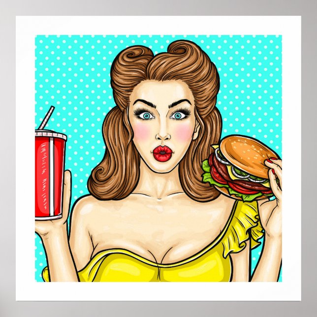Pop Art Girl with Burger Kitchen 24x24 Poster (Vorne)
