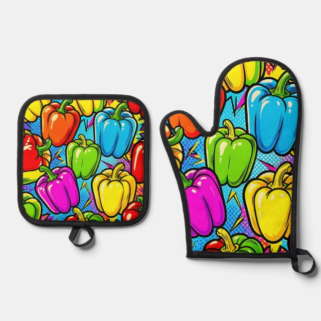 Pop-Art-Glockenpaprika-Muster Ofenhandschuh & Topflappen-Set (Vorderseite)