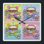 Pop Art HAMBURGER WALL CLOCK Quadratische Wanduhr<br><div class="desc">Pop Art HAMBURGER mit FRIES. Eine klassische Pop-Kunstgrafik der All American Burger & French Fries - Ein Sesam-Samen-Bun und Pommes Frites als Seitenteile! Retro und Spaß,  ideal für Restaurants,  Diners und die Zuhause Küche.</div>