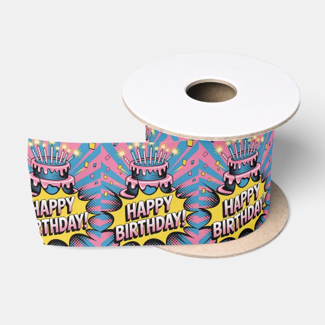 Pop Art Happy Birthday Cake Satinband (Spule)