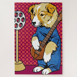 Pop-Art-Hund spielt Instrument Retro-Comic Puzzle