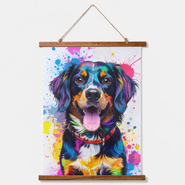 Pop-Art-Hund Wandteppich Mit Holzrahmen (Vorderseite)