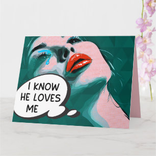 Pop Art Ich weiß, er liebt mich Türkis Pink Rote L Karte